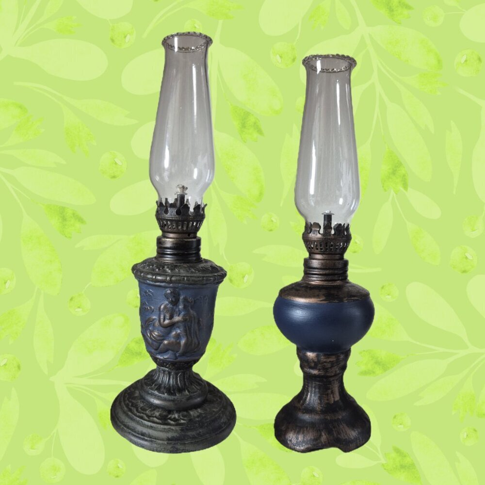 RAYFLAM 2 Mini Oil Lamps Blue Brass Bronze